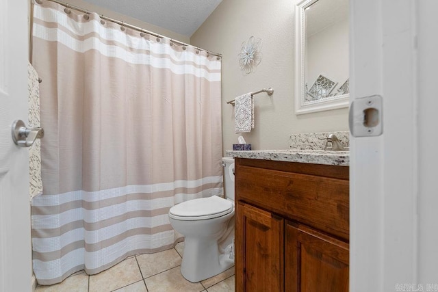 full bathroom with vanity, toilet, a shower with curtain, and tile patterned flooring