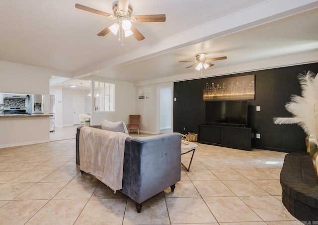 8033 Renee Cir, Benton, AR 72019 - living area featuring baseboards, beamed ceiling, ceiling fan, and light tile patterned flooring