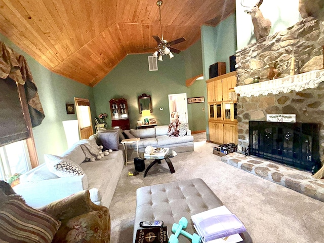 2157 Pleasant Grove Rd, Wideman, AR 72585 - living room featuring wood ceiling, ceiling fan, visible vents, carpet, and high vaulted ceiling
