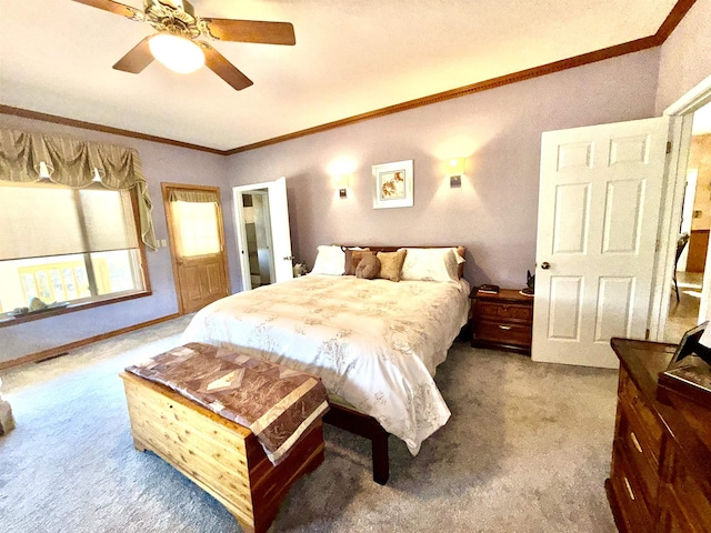 2157 Pleasant Grove Rd, Wideman, AR 72585 - bedroom featuring crown molding, a ceiling fan, visible vents, and carpet floors