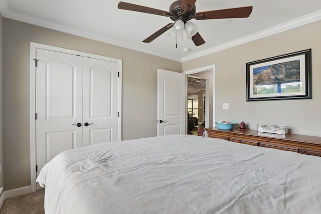 bedroom with a closet, a ceiling fan, baseboards, ornamental molding, and carpet floors
