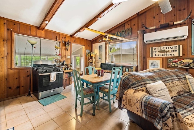 138 Ridge Rd, Houston, AR 72070 - dining room with vaulted ceiling with beams, wooden walls, light tile patterned flooring, and a wall mounted AC