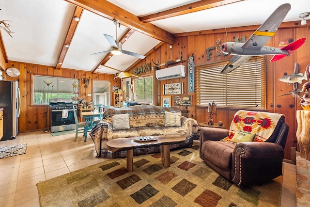 138 Ridge Rd, Houston, AR 72070 - living area with wood walls, plenty of natural light, an AC wall unit, and vaulted ceiling with beams