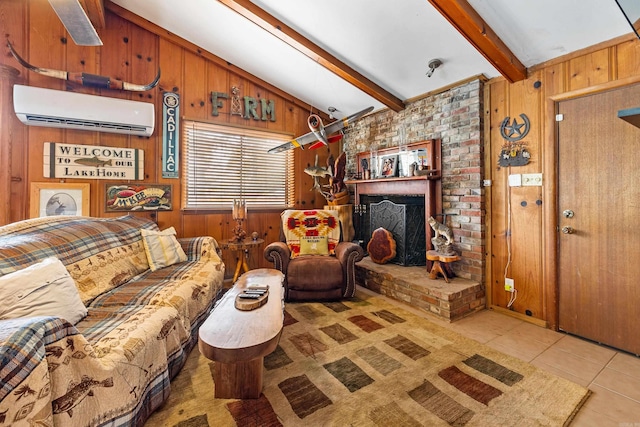 138 Ridge Rd, Houston, AR 72070 - living room with wood walls, lofted ceiling with beams, tile patterned floors, and a wall mounted AC