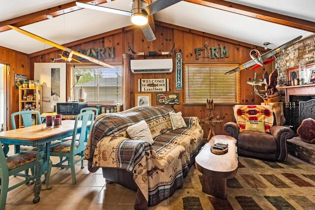 138 Ridge Rd, Houston, AR 72070 - living area with lofted ceiling with beams, a wealth of natural light, wooden walls, and a wall mounted AC