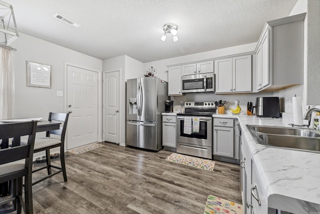 kitchen featuring dark wood-style flooring, a sink, gray cabinets, visible vents, and appliances with stainless steel finishes