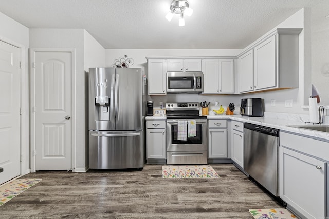 kitchen with dark wood-style floors, stainless steel appliances, a textured ceiling, and a sink