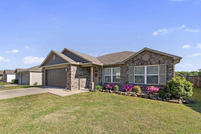 ranch-style house featuring concrete driveway, a front yard, an attached garage, fence, and brick siding