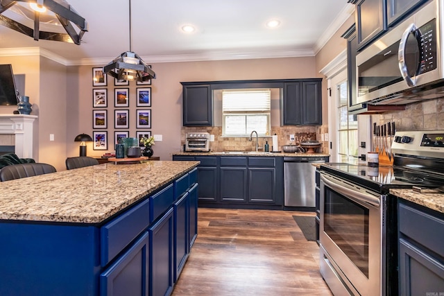 kitchen featuring a sink, decorative backsplash, blue cabinetry, appliances with stainless steel finishes, and dark wood finished floors