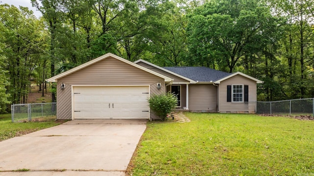 ranch-style home featuring a front yard, crawl space, driveway, an attached garage, and fence
