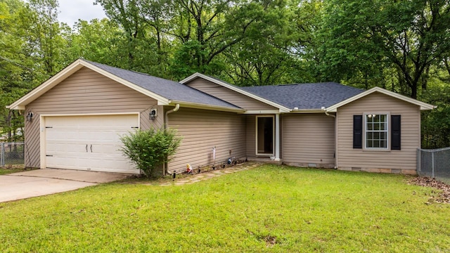 ranch-style house featuring fence, a shingled roof, driveway, crawl space, and an attached garage