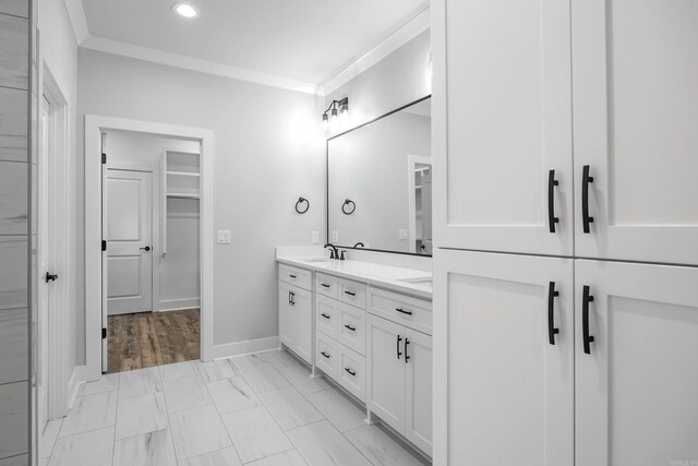 bathroom featuring a sink, double vanity, baseboards, recessed lighting, and a spacious closet