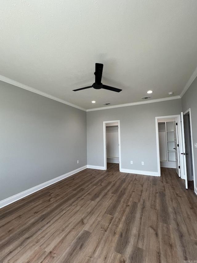 4406 Magee Dr, Texarkana, AR 71854 - unfurnished bedroom featuring recessed lighting, dark wood-style flooring, baseboards, visible vents, and crown molding