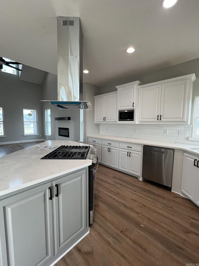 4406 Magee Dr, Texarkana, AR 71854 - kitchen featuring dark wood-style floors, white cabinets, appliances with stainless steel finishes, and island exhaust hood
