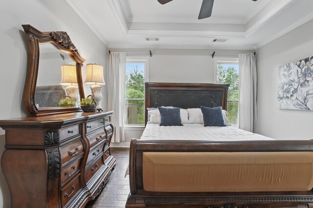 bedroom featuring multiple windows, a raised ceiling, and dark wood finished floors