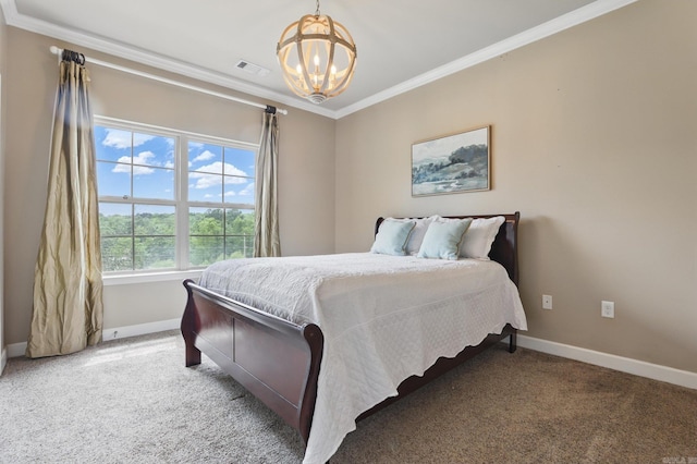 bedroom featuring crown molding, carpet flooring, visible vents, baseboards, and an inviting chandelier