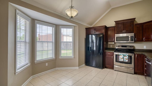 kitchen featuring appliances with stainless steel finishes, vaulted ceiling, dark countertops, baseboards, and crown molding