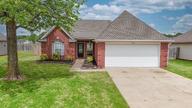 ranch-style home featuring fence, concrete driveway, a shingled roof, and brick siding