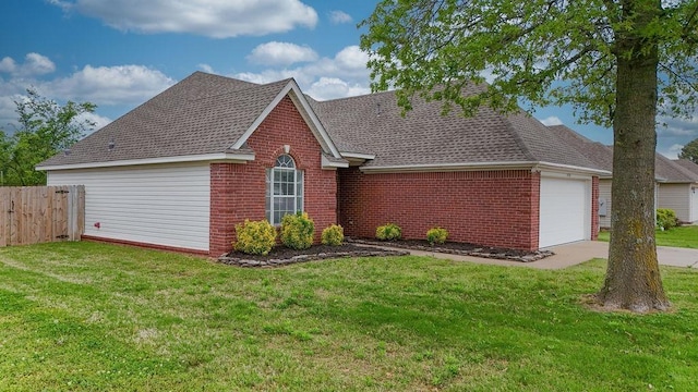 ranch-style house with a garage, brick siding, fence, and a shingled roof