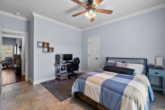 bedroom with baseboards, ornamental molding, a ceiling fan, and stone finish floor