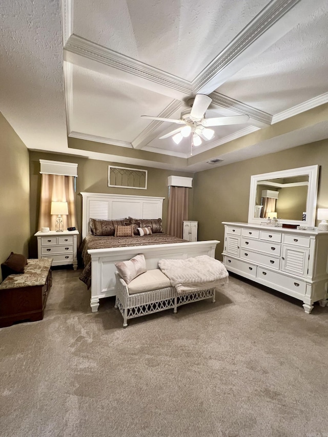 bedroom featuring crown molding, coffered ceiling, a ceiling fan, and carpet