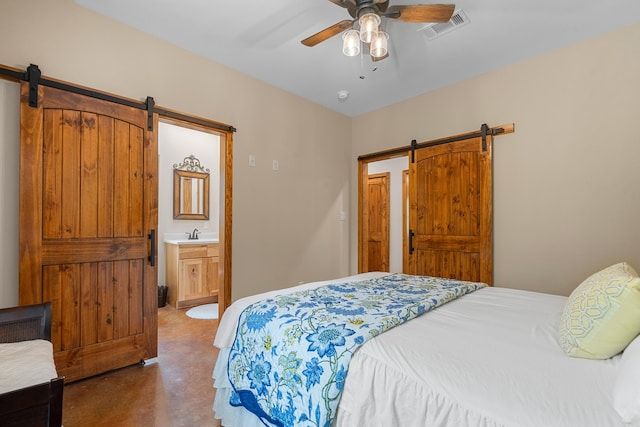 539 Burchwood Bay Rd, Hot Springs, AR 71913 - bedroom featuring finished concrete floors, a sink, a barn door, visible vents, and a ceiling fan