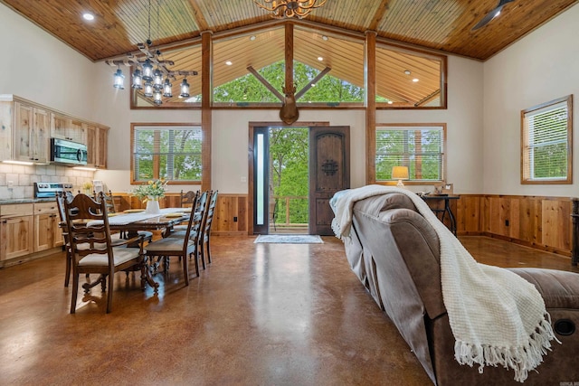 539 Burchwood Bay Rd, Hot Springs, AR 71913 - dining space featuring wood ceiling, finished concrete floors, and wainscoting