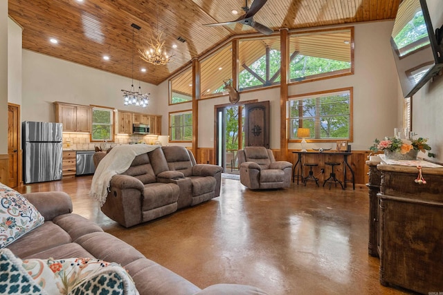 539 Burchwood Bay Rd, Hot Springs, AR 71913 - living room with recessed lighting, concrete flooring, high vaulted ceiling, wood ceiling, and ceiling fan with notable chandelier