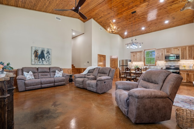539 Burchwood Bay Rd, Hot Springs, AR 71913 - living area featuring wooden ceiling, concrete floors, ceiling fan with notable chandelier, visible vents, and high vaulted ceiling