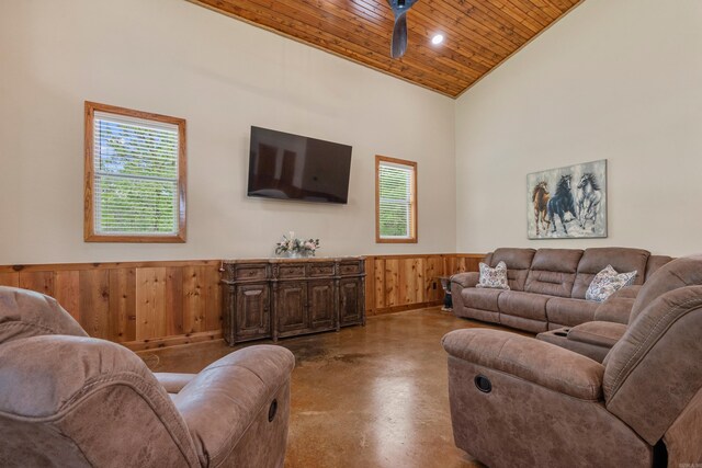 539 Burchwood Bay Rd, Hot Springs, AR 71913 - living room with wood ceiling, wainscoting, wood walls, finished concrete flooring, and high vaulted ceiling