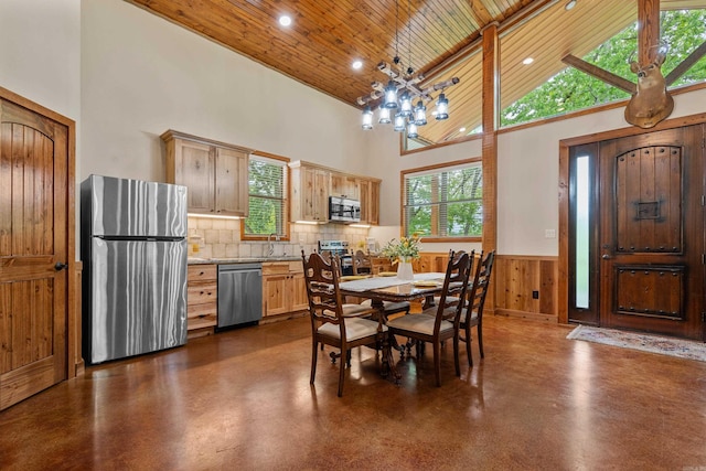 539 Burchwood Bay Rd, Hot Springs, AR 71913 - dining room with concrete floors, a wainscoted wall, wooden ceiling, recessed lighting, and high vaulted ceiling