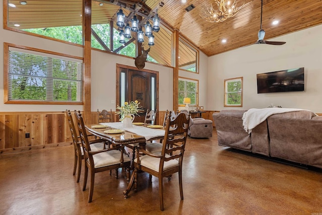 539 Burchwood Bay Rd, Hot Springs, AR 71913 - dining room with recessed lighting, concrete flooring, high vaulted ceiling, wood ceiling, and wainscoting
