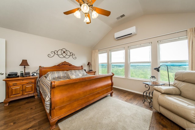 bedroom featuring dark wood finished floors, a wall mounted air conditioner, baseboards, visible vents, and lofted ceiling