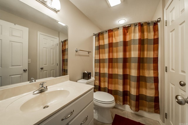 full bathroom featuring toilet, vanity, a shower with curtain, and tile patterned flooring