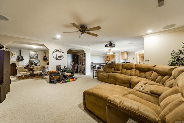 living area featuring recessed lighting, light colored carpet, ceiling fan, visible vents, and crown molding