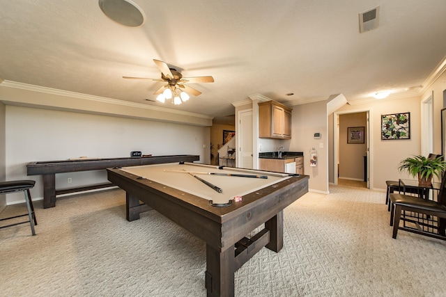 playroom with visible vents, baseboards, light carpet, ornamental molding, and pool table
