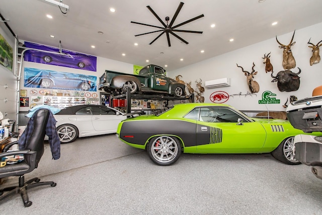 garage with recessed lighting and a wall unit AC