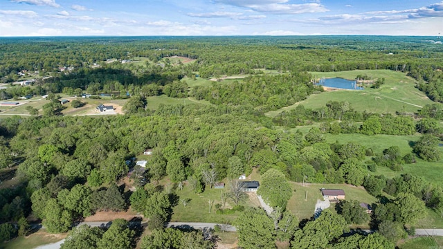 drone / aerial view with a water view and a forest view