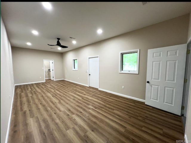 unfurnished living room featuring baseboards, recessed lighting, ceiling fan, and wood finished floors