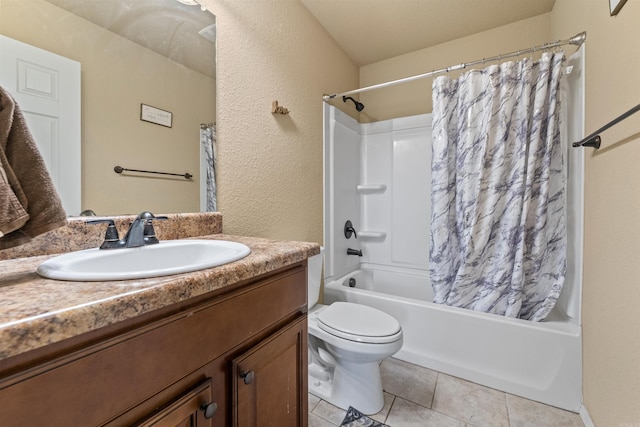 full bathroom featuring vanity, toilet, shower / bath combination with curtain, and tile patterned flooring