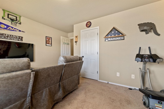 interior space featuring light carpet and baseboards