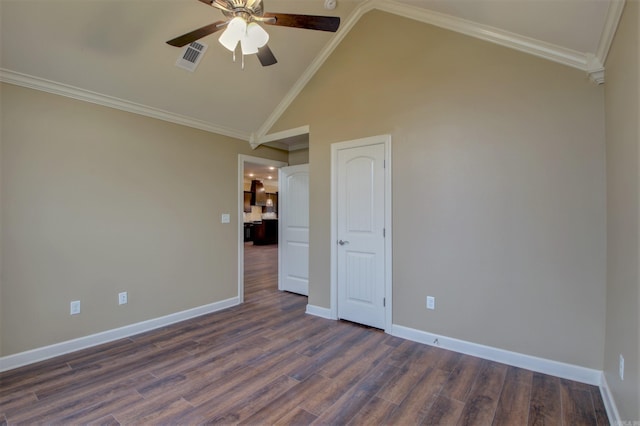 interior space featuring crown molding, visible vents, baseboards, dark wood-style flooring, and a ceiling fan