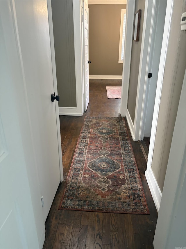 corridor featuring baseboards and wood-type flooring