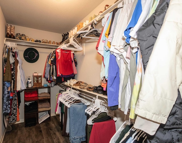 walk in closet with wood finished floors
