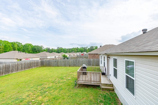 view of yard featuring a wooden deck and a fenced backyard