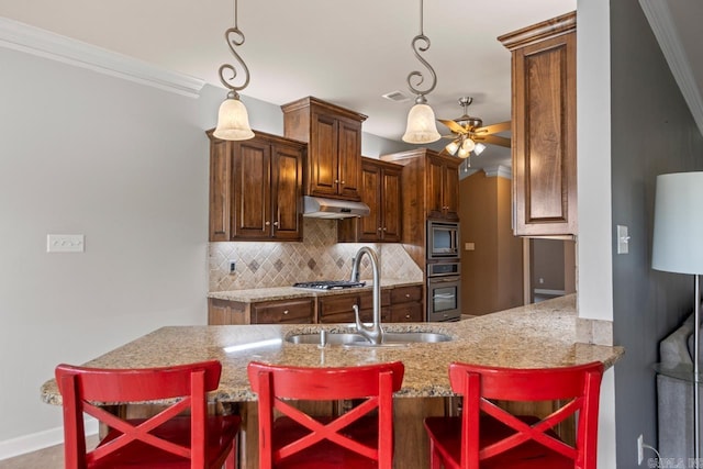 2360 Lakeshore Ln, Cabot, AR 72023 - kitchen with ornamental molding, a sink, under cabinet range hood, and tasteful backsplash