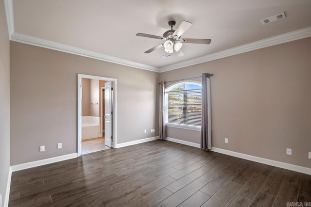 2360 Lakeshore Ln, Cabot, AR 72023 - spare room with dark wood-style flooring, ceiling fan, crown molding, visible vents, and baseboards