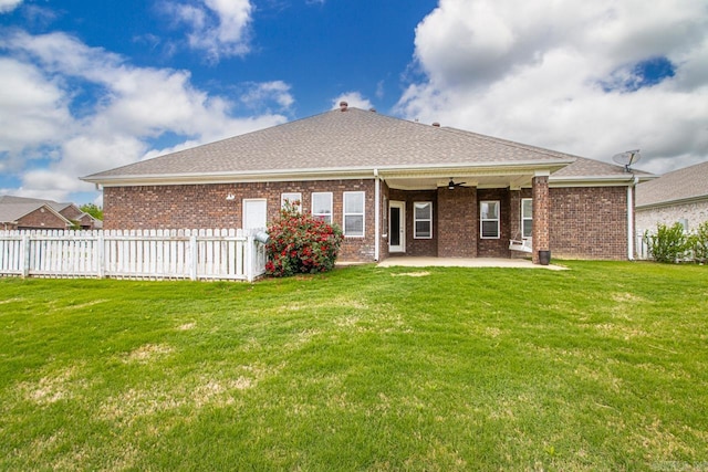 2360 Lakeshore Ln, Cabot, AR 72023 - rear view of house featuring a lawn, a ceiling fan, fence, and a patio area