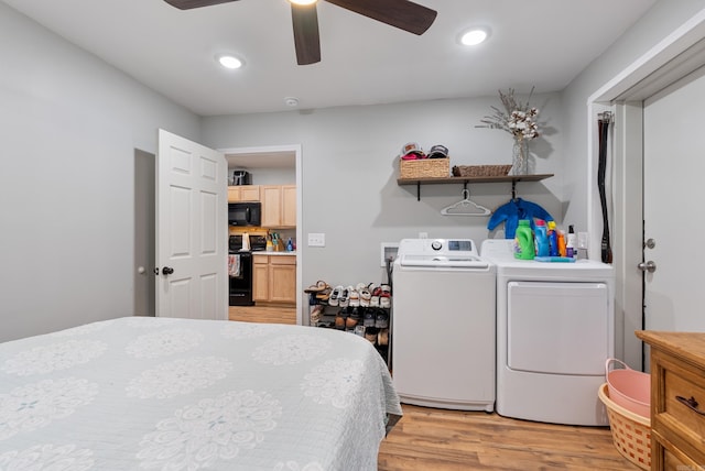 bedroom with a ceiling fan, washing machine and clothes dryer, light wood finished floors, and recessed lighting