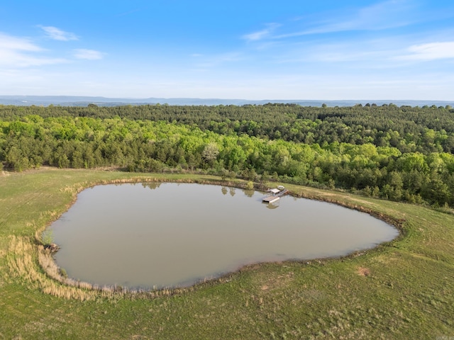 aerial view with a water view and a forest view